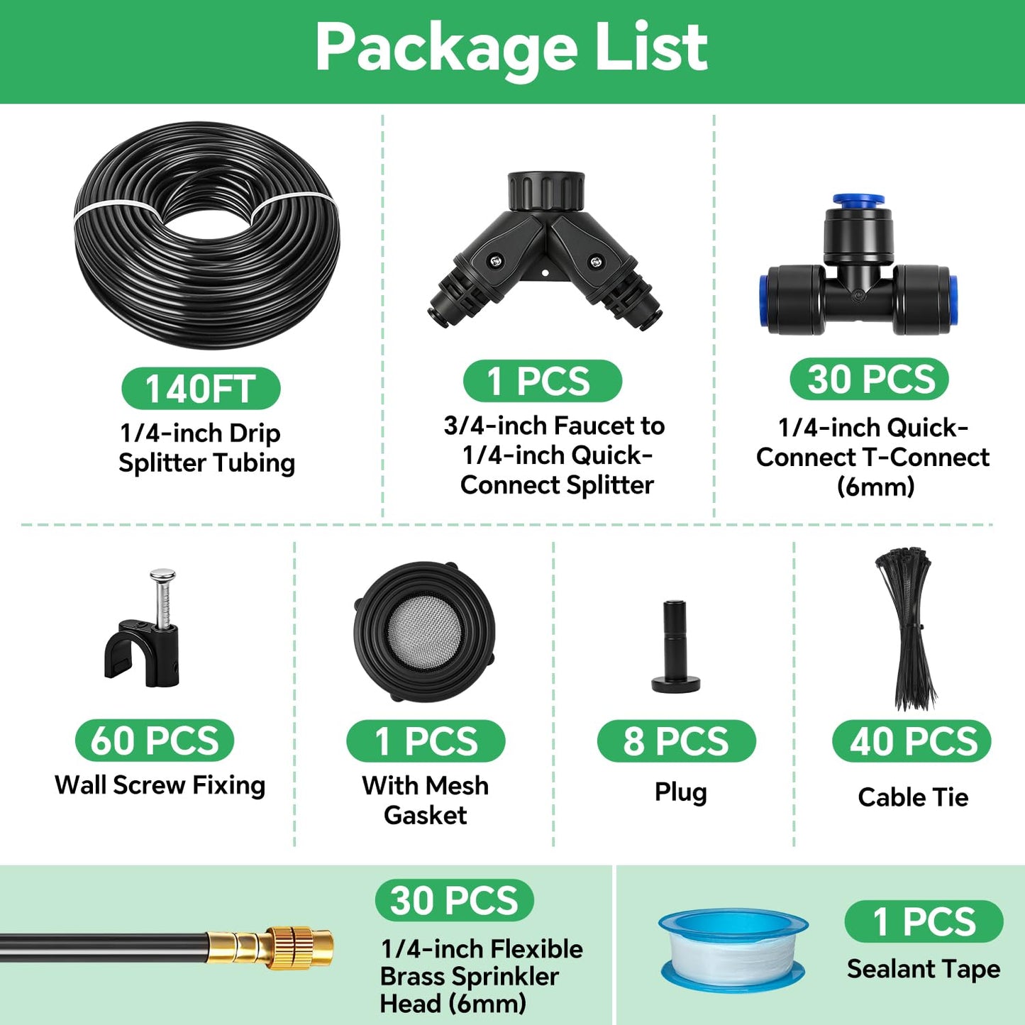 140Ft 1/4" Drip Irrigation System for Garden – 30 Adjustable Copper Nozzles, Automatic Atomizing Sprinkler System for Outdoor Plants Raised Bed, Yard, Potted Plants & Lawn