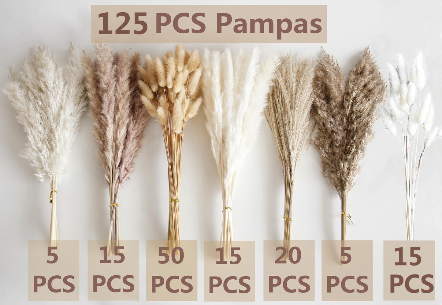 Bannifll 125 PCS Dried Pampas Grass Bouquet, Boho Table Decor, Bunny Tails Dried Flowers, Brown Pampas, White Pampas Grass for Weddings, Home Decor, Rustic Parties, and Baby Shower Decorations