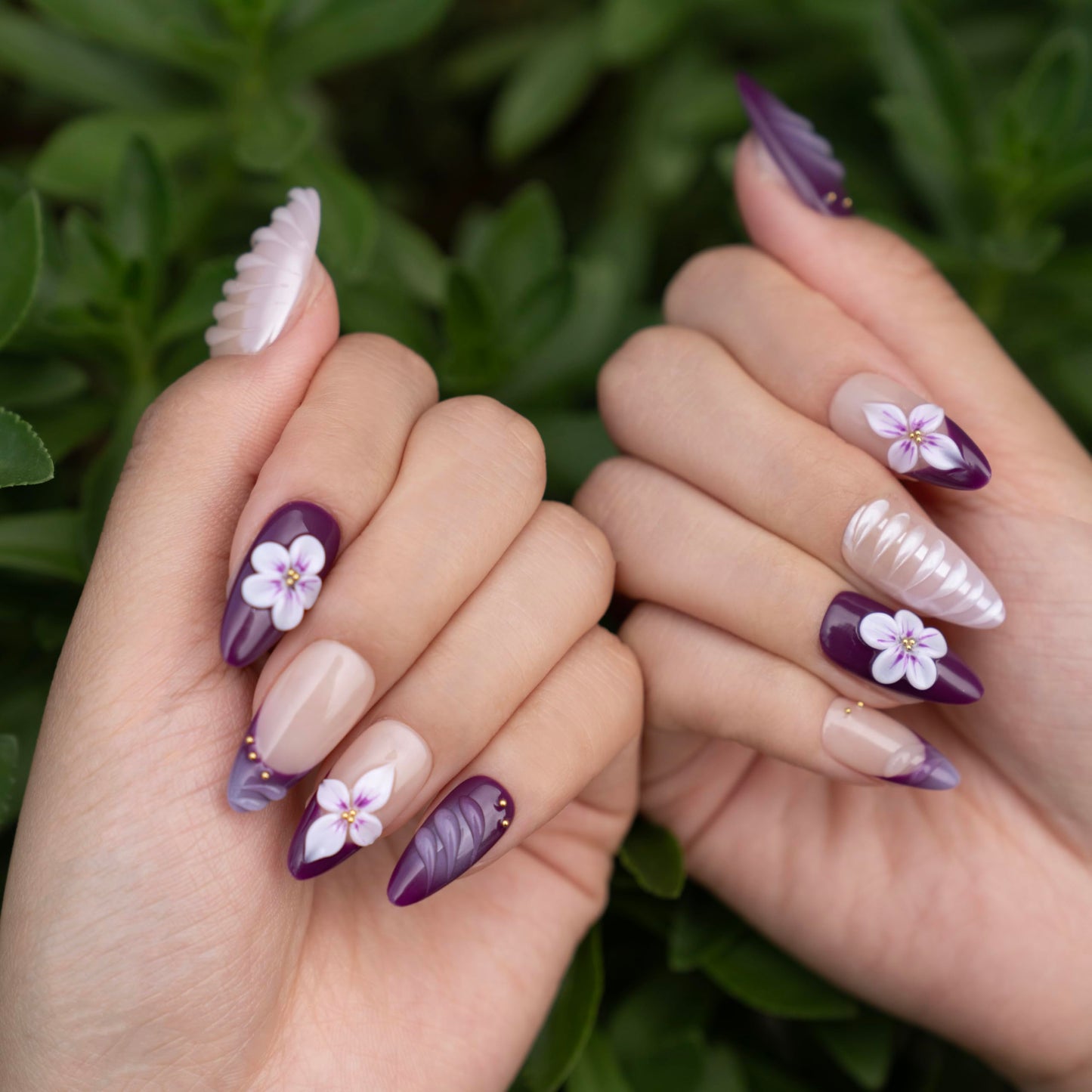 Almond Purple French Press on Nails, Fake Nails with 3D Flower and Shell Texture, Reusable Handmade Elegant False Nails for Women (L)