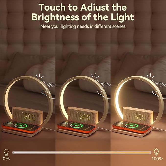 Vivilumens Sunrise Alarm Clock Wireless Charger, 10 White Noise Sound Machine Alarm Clock with 30/60/90 Mins Timer, 3 Levels Touch Night Light Dual Clocks for Heavy Sleeper Bedroom Decor Gift for Her