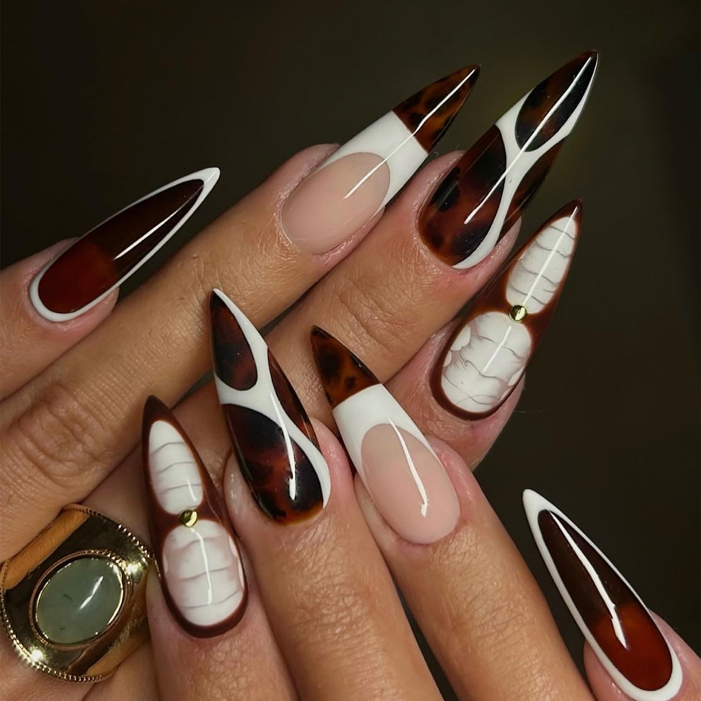 Octoswave Almond Press on Nails Long Fake Nails Brown and White Artificial Nail Leopard Stick on Nail for Women 24pcs