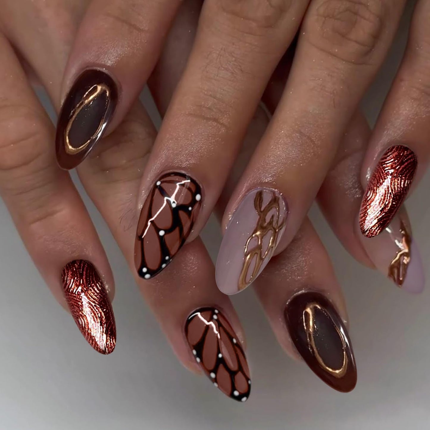 VOTACOS 24PCS Brown Acrylic Press on Nails Almond Medium Gold Glitter Fake Nails Press Ons with Designs Butterfly Pattern Glue on Nail for Women 3D Line Design Reusable Artificial Stick on False Nail