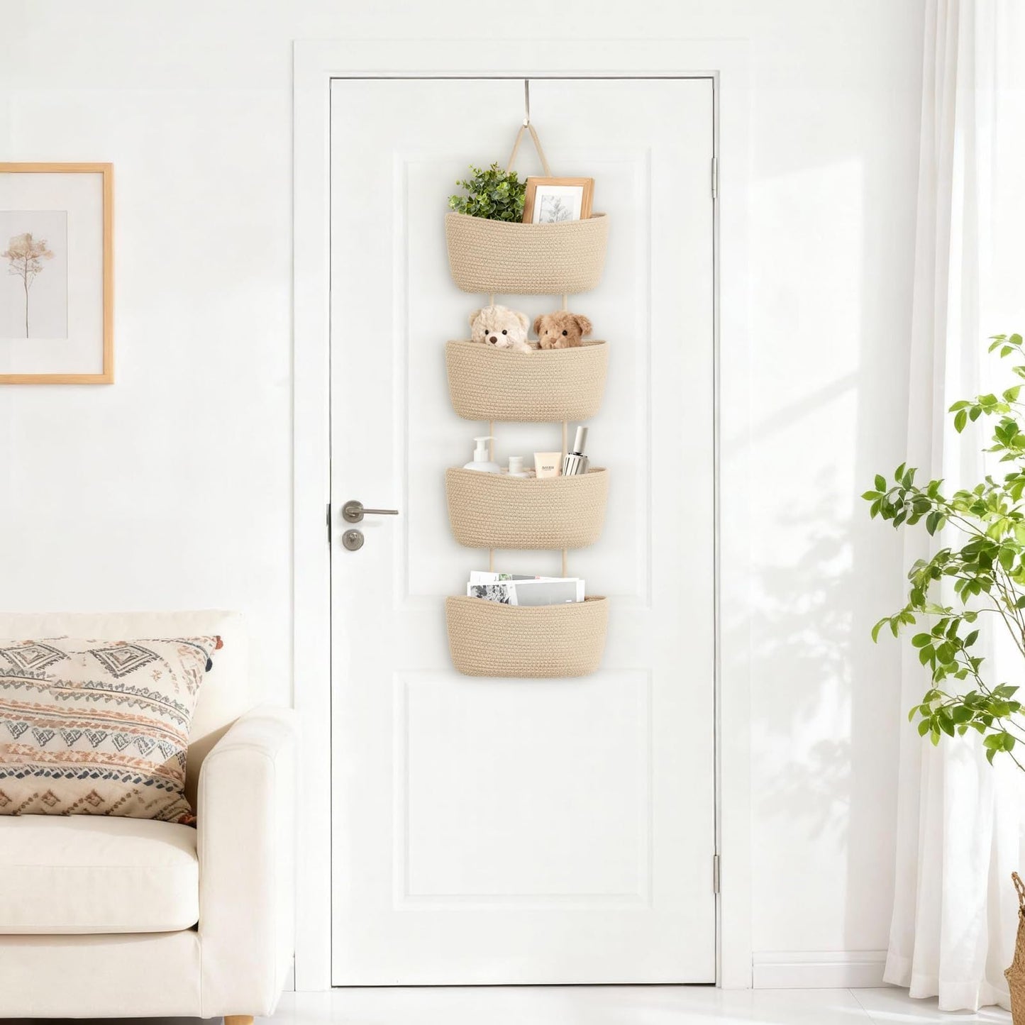 Dahey Over The Door Hanging Basket 4-Tier Woven Boho Wall Mounted Storage Organizer with Hooks for Bedroom Nursery Bathroom Apartments Dorm Pantry Decor, Jute