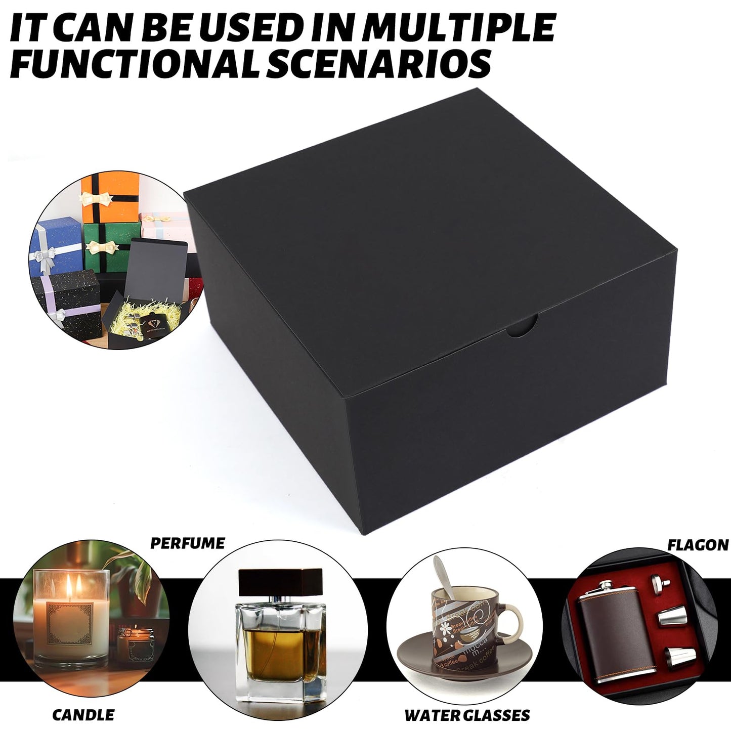 YUEFANBOX Black Gift Boxes with Lids, 8x8x4 inches, 10 Pack – Easy Assemble Bulk Boxes with Bottom Stickers for Groomsmen Proposals, Wedding Favors, Birthdays & Christmas