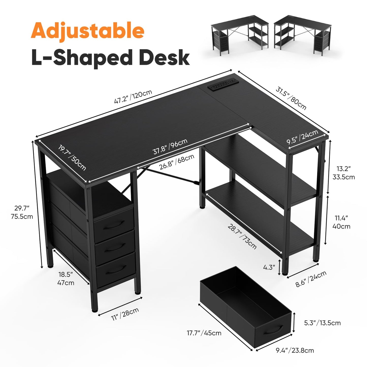 DUMOS L Shaped Desk with Shelf Drawers 47 Inch, Black Corner Computer Desks Gaming with Power Outlet, Study Table with Adjustable Shelves, Home Office Tables for Bedroom Teacher Reading Writing