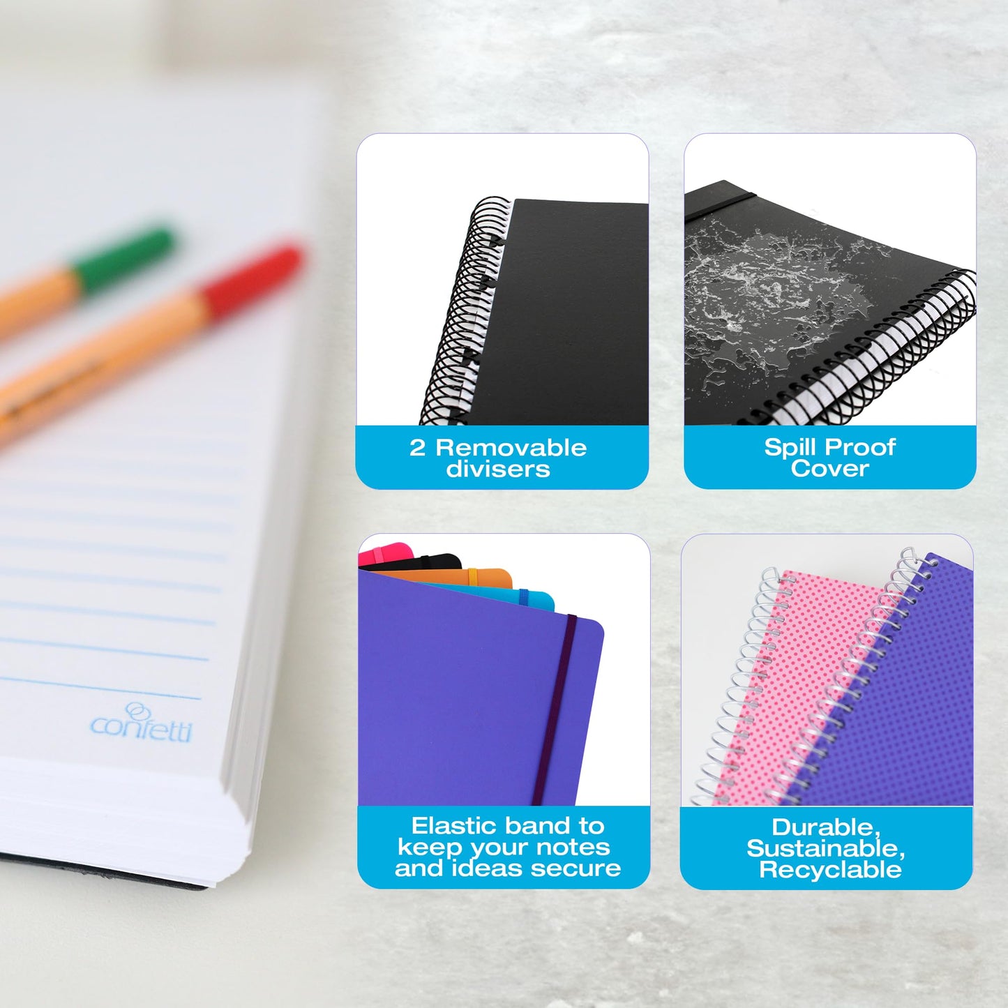 Confetti Spiral Notebook - Hole Punched - 4 Removable Dividers, Spill Proof Cover, Closing Elastic Band, Storage Pocket - Sturdy Bound Notepad, School & Office Supplies - 200 Sheets - Black