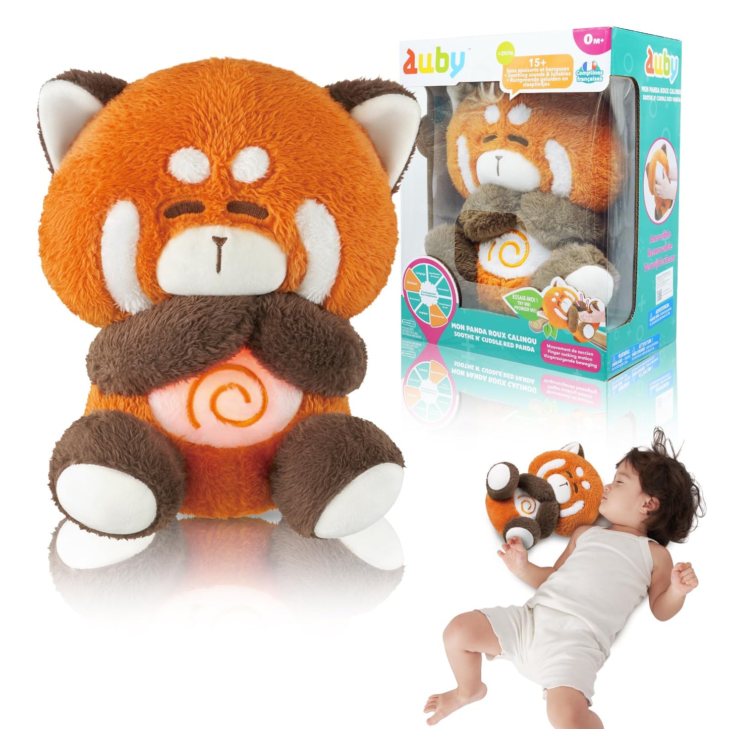 auby Red Panda Baby Soothing Toy - White Noise Machine & Lullabies, Plush Comfort with Rhythmic Breathing, Removable Sound Box for Easy Wash, Newborn Gift