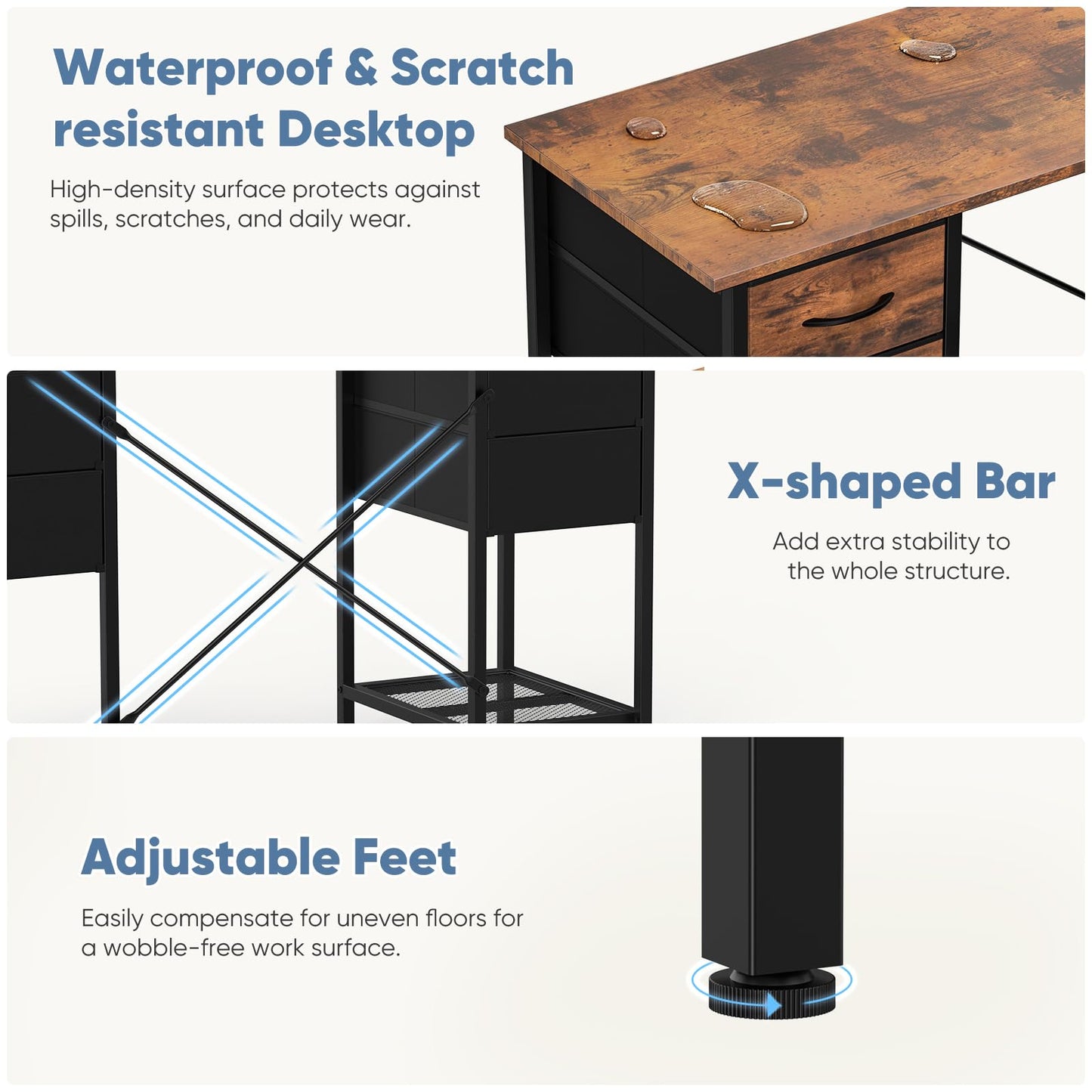 Sweetcrispy Computer Desk with Drawers, 55 Inch Home Office Bedroom Table with 4 Fabric Drawers & 2 Mesh Storage Shelves, Wood Table with X-Shaped Structure for Writing Study PC Desk, Brown