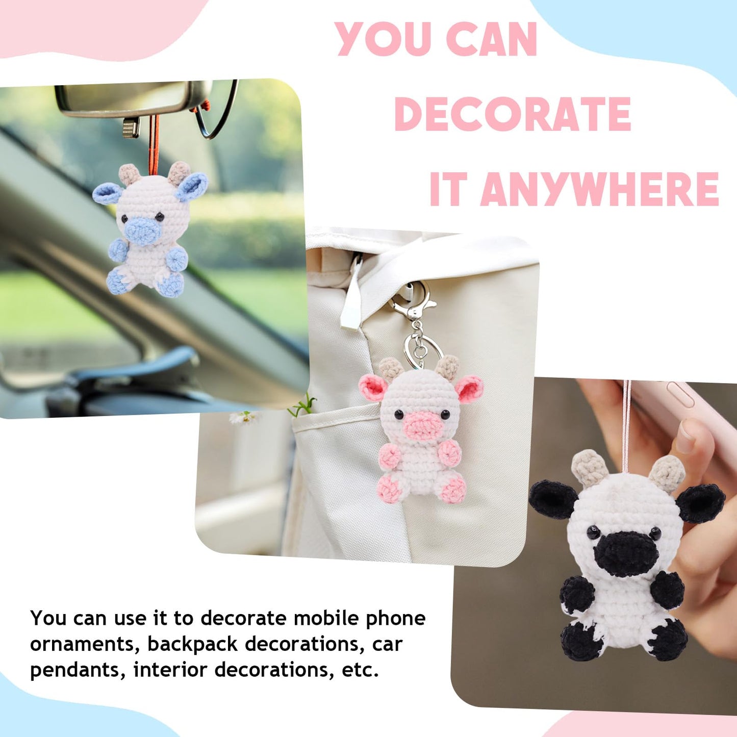 Crochet Starter Kit for Beginners, 3 Cute Animal Cow Pattern, Crochet Starter Kit Beginner for Adults Knitting Hooks and Yarn Set with Video Tutorial