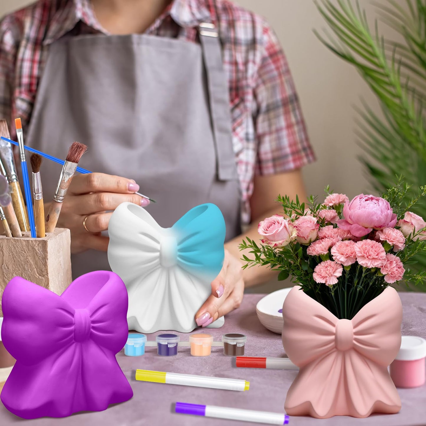 AceOrbit 6 Sets Paint Your Own Coquette Bow Succulent Planter Vase Ceramic Blank Unpainted Flower Pots DIY Paintable Porcelain Vase Kit for Adults Classroom Craft Project Activity Supplies