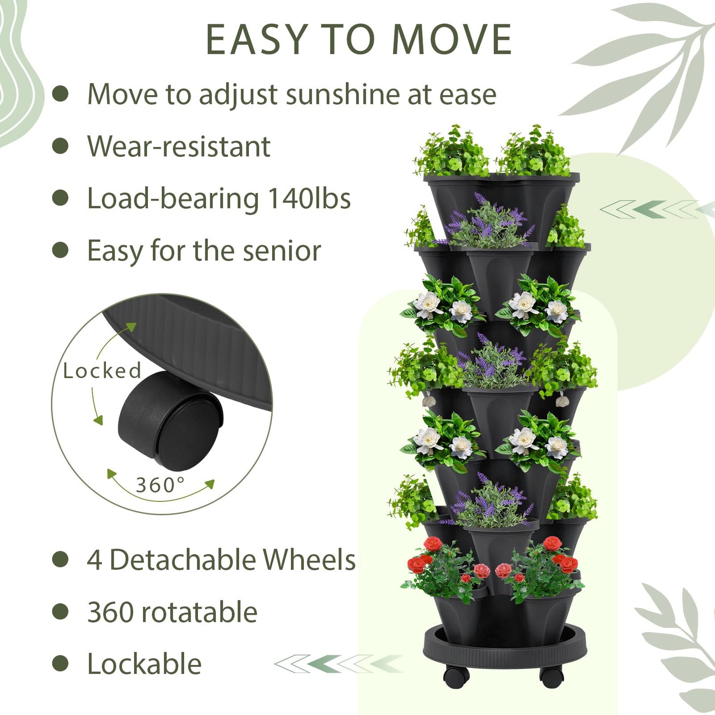 Umigy 2 Set of 7 Tier Vertical Planter Stackable Tower Planters Strawberry Herb Flower and Vegetable Pots Indoor Outdoor Gardening Pots with Removable Wheels and Tools(Black)
