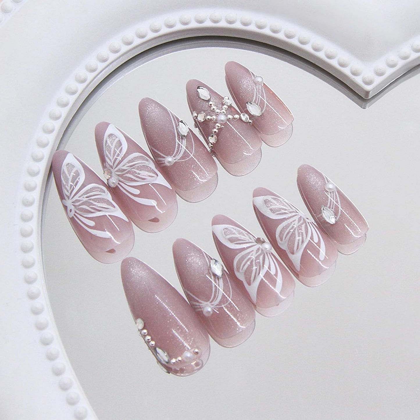 MISUD Press on Nails - Medium Almond Fake Nails with Cat Eye Acrylic Butterfly Rhinestone Design 24 pcs