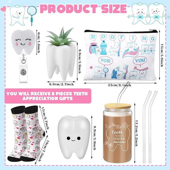 Pickmesh 6 Pcs Dental Gifts Nurse Assistant Hygienist Gifts 16 oz Glass Cups with Lid Makeup Bag Smiling Tooth Shape Felt Badge Holder Ceramic Pen Toothbrush Pot for Women Coworkers(White)