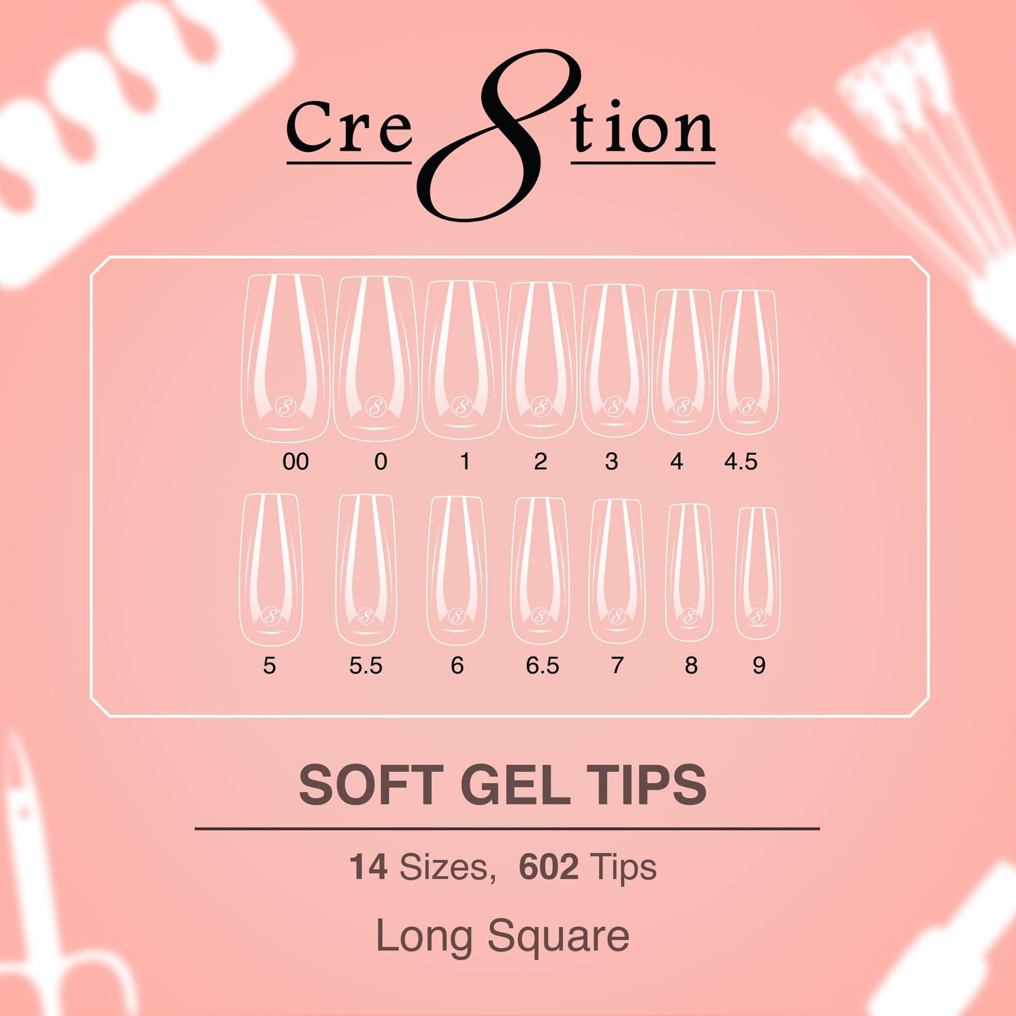 Cre8tion Soft Gel Nail Tips, Long Square Shape, 602 Tips in 14 Sizes (00-9) for Professional Nail Extensions