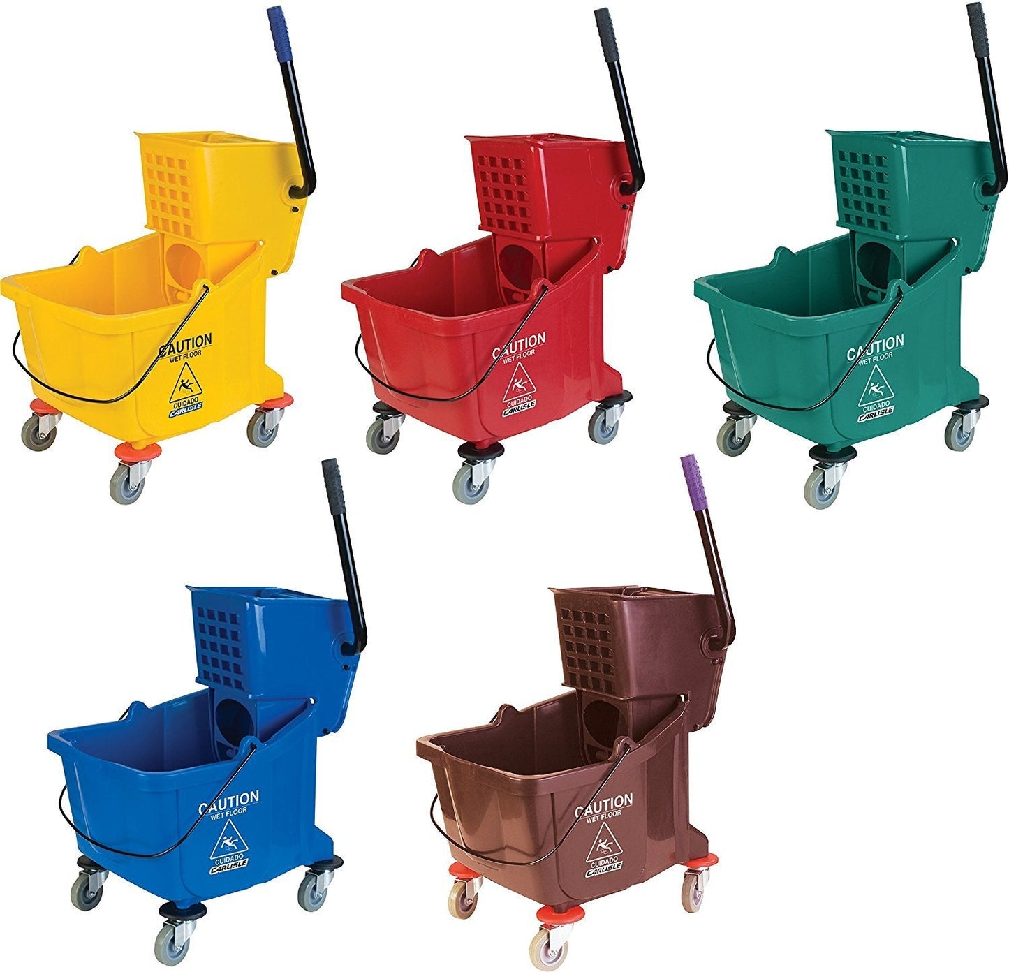 Carlisle FoodService Products 26-Quart Commercial Mop Bucket with Side-Press Wringer, Precision-Molded Polypropylene, Durable Wringer, Bucket with Non-Marking Casters, 18.5 x 16.5 x 23 Inches, Yellow