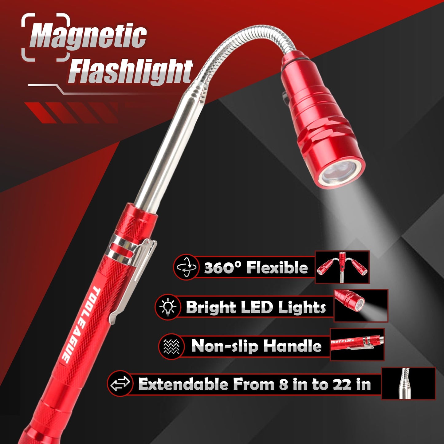 TOOLEAGUE 7Pcs Telescoping Magnetic Pickup Tool Set, Extendable LED Flashlight,Round & Square 360° Inspection Mirror for Men Mechanics, and Handymen, Red
