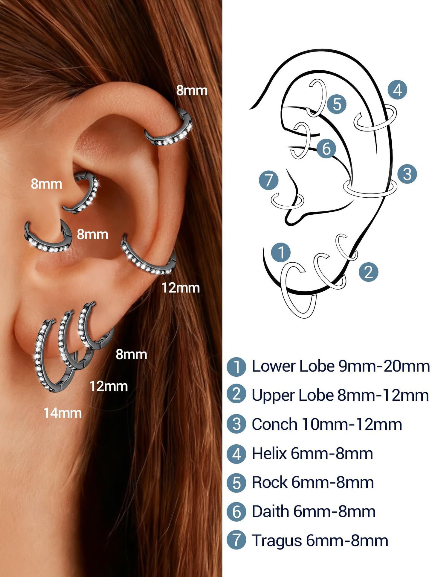 Black Hoop Earrings For Women Cubic Zirconia Hoops Earring Hypoallergenic 8mm Tiny Huggie Jewelry Non Tarnish Cartilage Piercing Waterproof Ear Earings