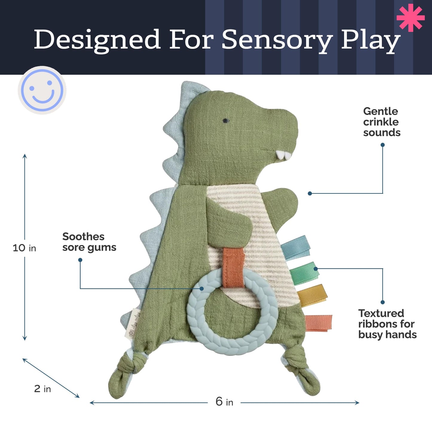 Itzy Ritzy - Bitzy Crinkle Sensory Toy Dinosaur with Crinkle Sound for Babies & Toddlers - Features Soft Braided Teething Ring & Textured Ribbons, Designed for Ages 0 Months and Up, Dinosaur