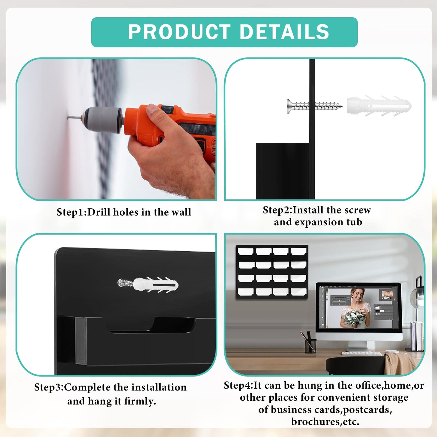 Geelin 2 Pcs Acrylic Business Card Holder Wall Mount Black Business Card Display Holder with Hanging Hardware Vertical Sticker Display Rack Organizing Stand for Office Home (16 Pockets)