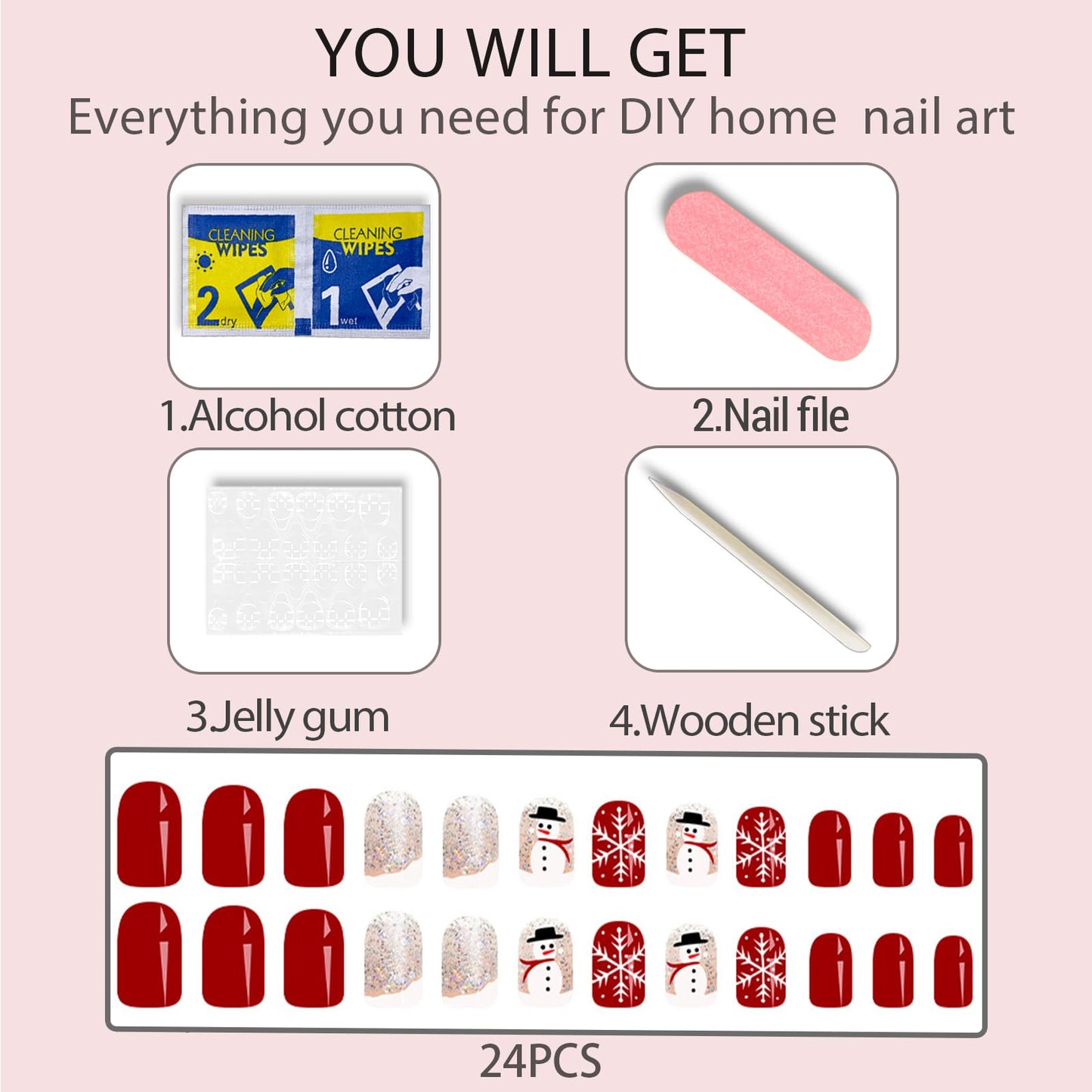 Christmas Press on Nails Short Square Fake Nails with White Snowflake Snowman Design Silver Glitter Xmas Red Full Cover Glossy False Nails Press ons Glue on Nails for Girls 24Pcs