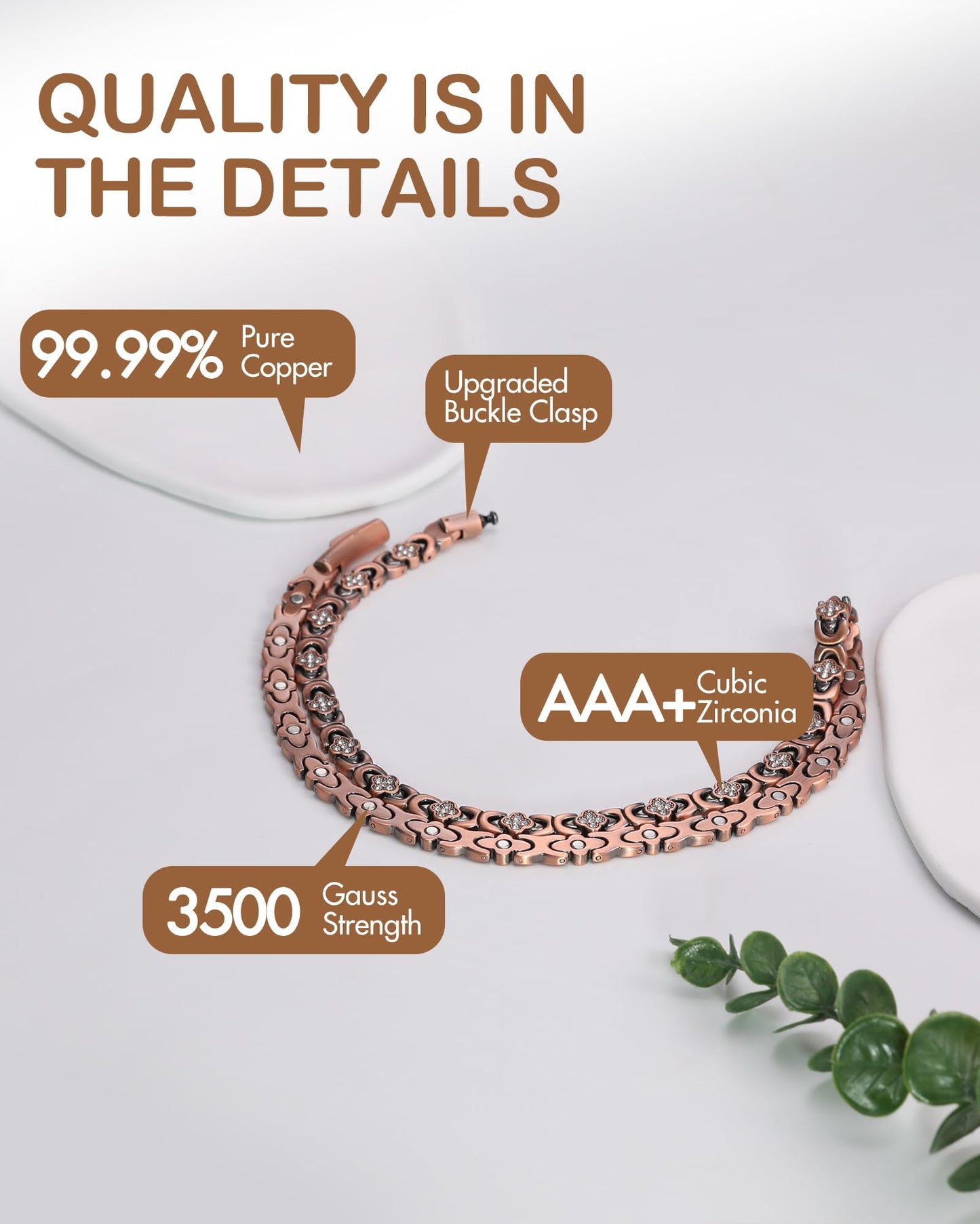 Feraco Copper Necklace for Women, 99.99% Pure Copper Magnetic Chains with 3500 Gauss Ultra Strength Neodymium Magnets & Sparkling Cubic Zirconia, Adjustable CloverJewelry Gift