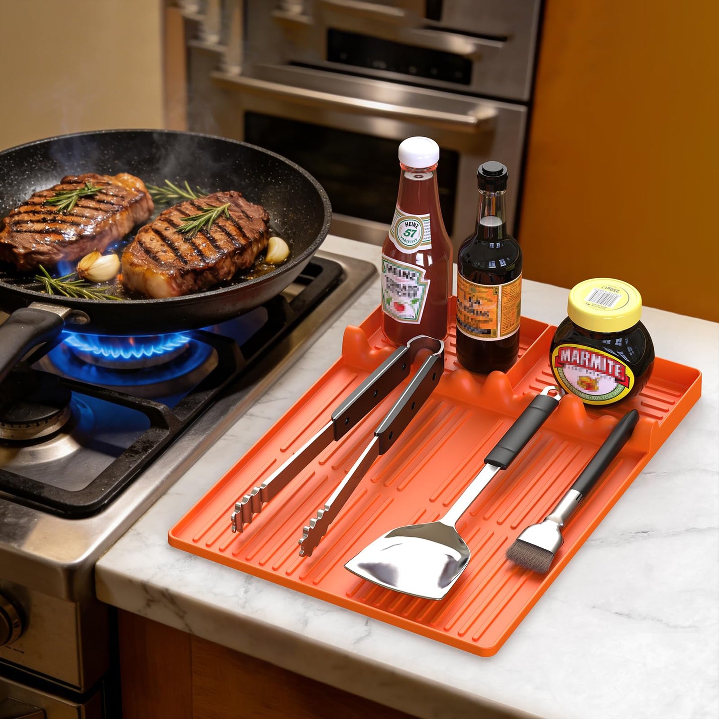 Silicone Griddle Tool Mat Compatible with Blackstone Weber - Flat Top Grill Pellet Smoker Side Shelf Spatula Mat with Drip Pad - Kitchen Cooking BBQ Grilling Accessories - Gift for Men(Orange)