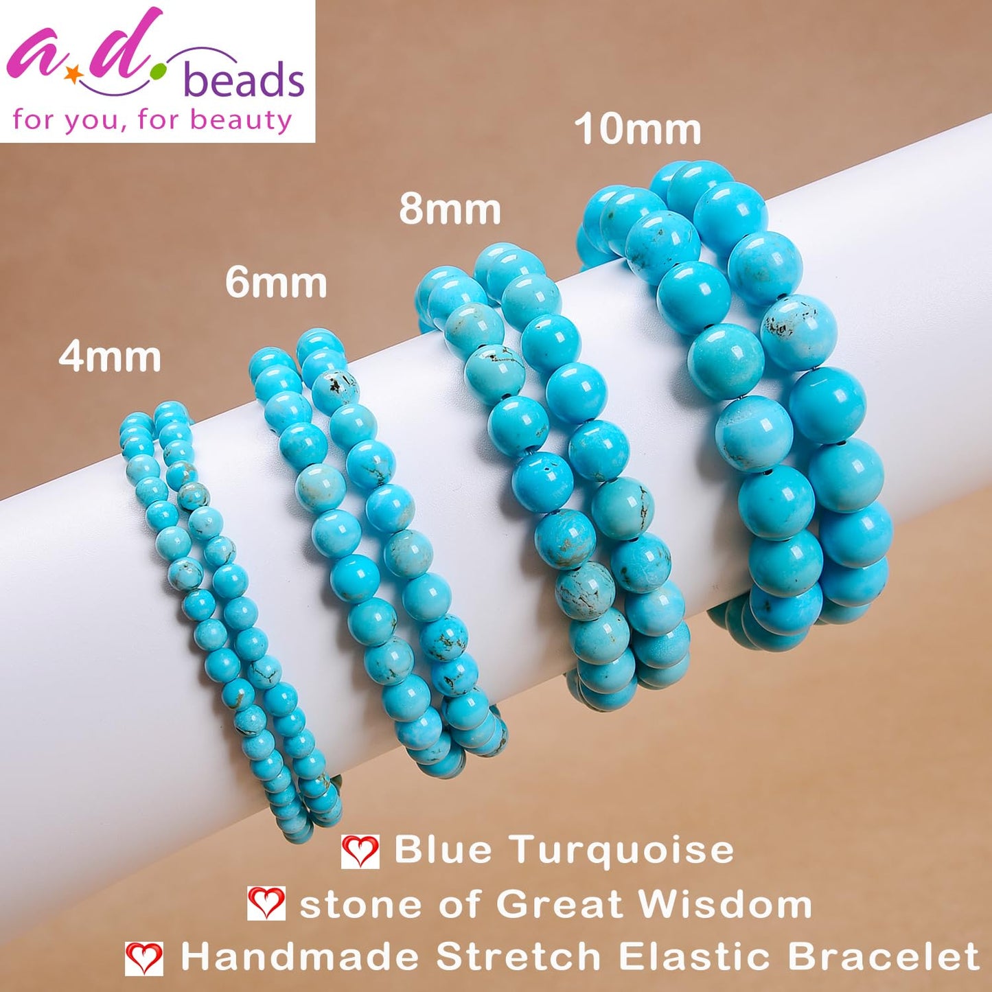 AD Beads Handmade Gemstone Stretch Elastic Bracelet Crystal Healing Reiki Nature's Beauty and Spiritual Essence Unisex (8mm, Blue Turquoise (Great Wisdom))