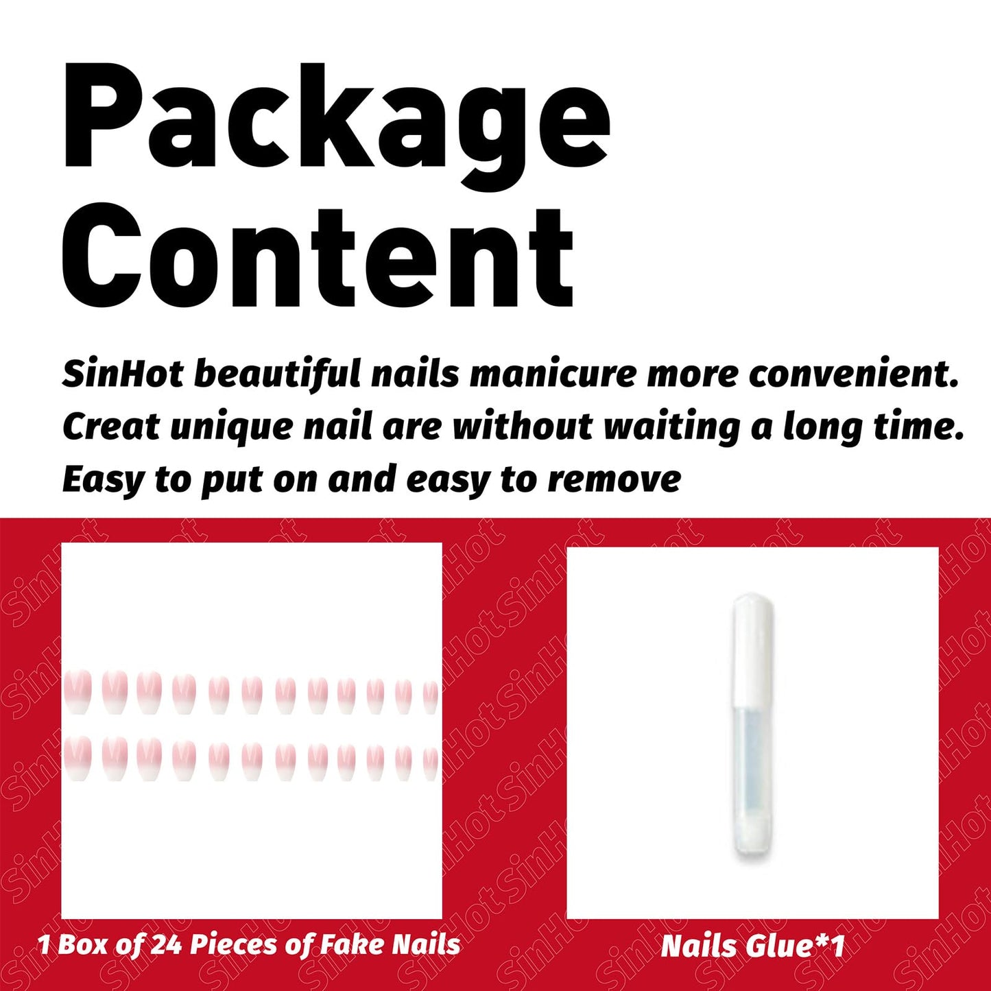 SINHOT Press on Nails - Medium Coffin Shape, Glossy Pink Ombre Gradient, 24 pcs with Design