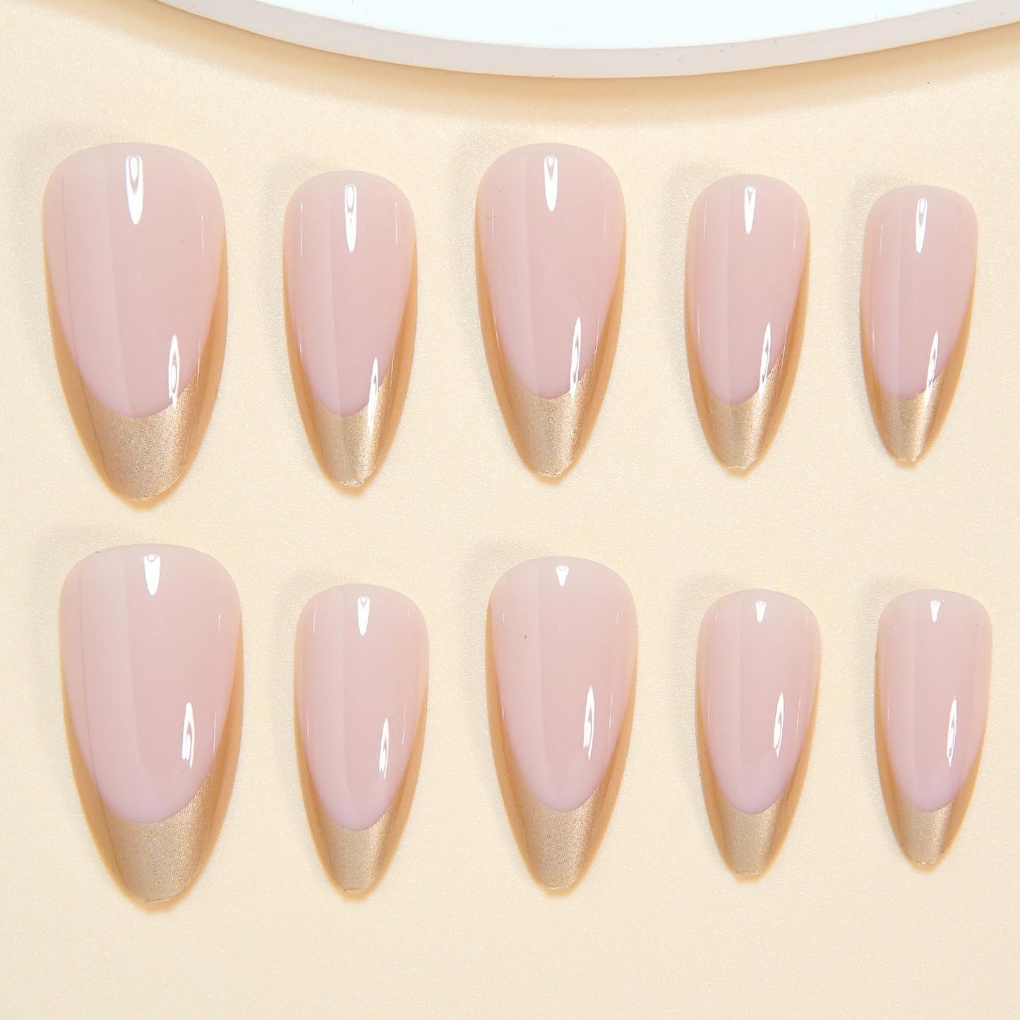 MISUD Press on Nails - Medium Almond Fake Nails with Gold Chrome, Acrylic French Tip Design 24 pcs