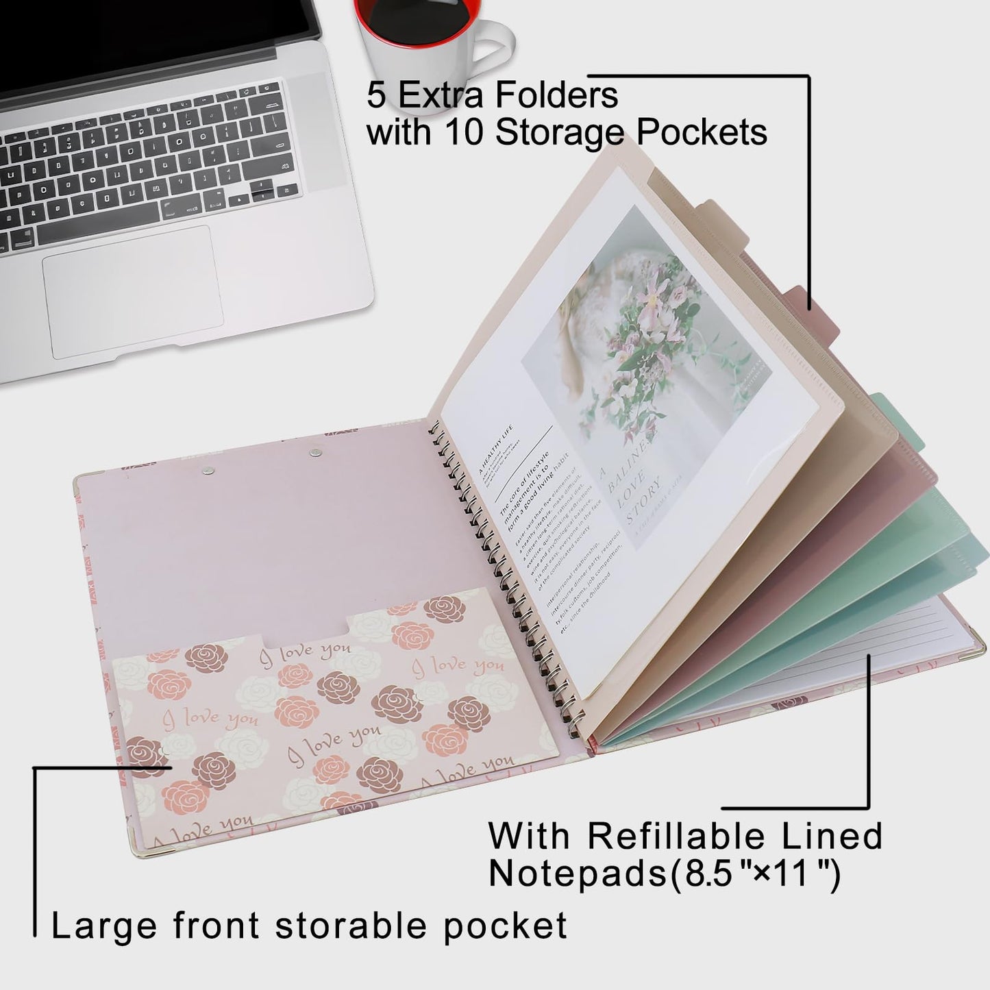 Clipboard Folio Spiral Folder Board,5 Extra Folders with 10 Storage Pockets,Refillable Lined Fillable Notepad,Folded Clipboard with Storage,Suitable for Office,School and Student (Pink Love Flower)