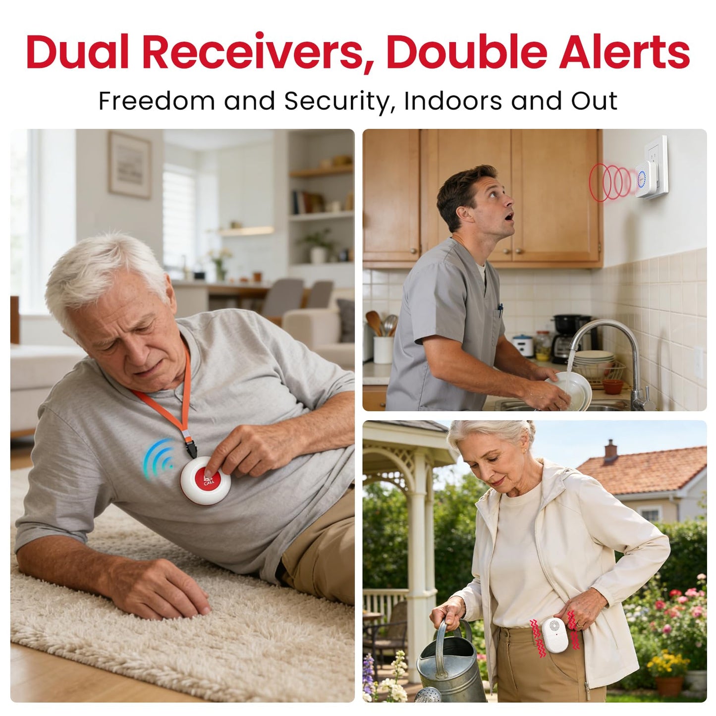 CallToU Wireless Caregiver Pager, Waterproof SOS Call Button for Elderly at Home, Life Saver Alert System for Stroke/Parkinson/Patient, 500ft Range Vibrating Receiver for Hard of Hearing (2+2 Pack)