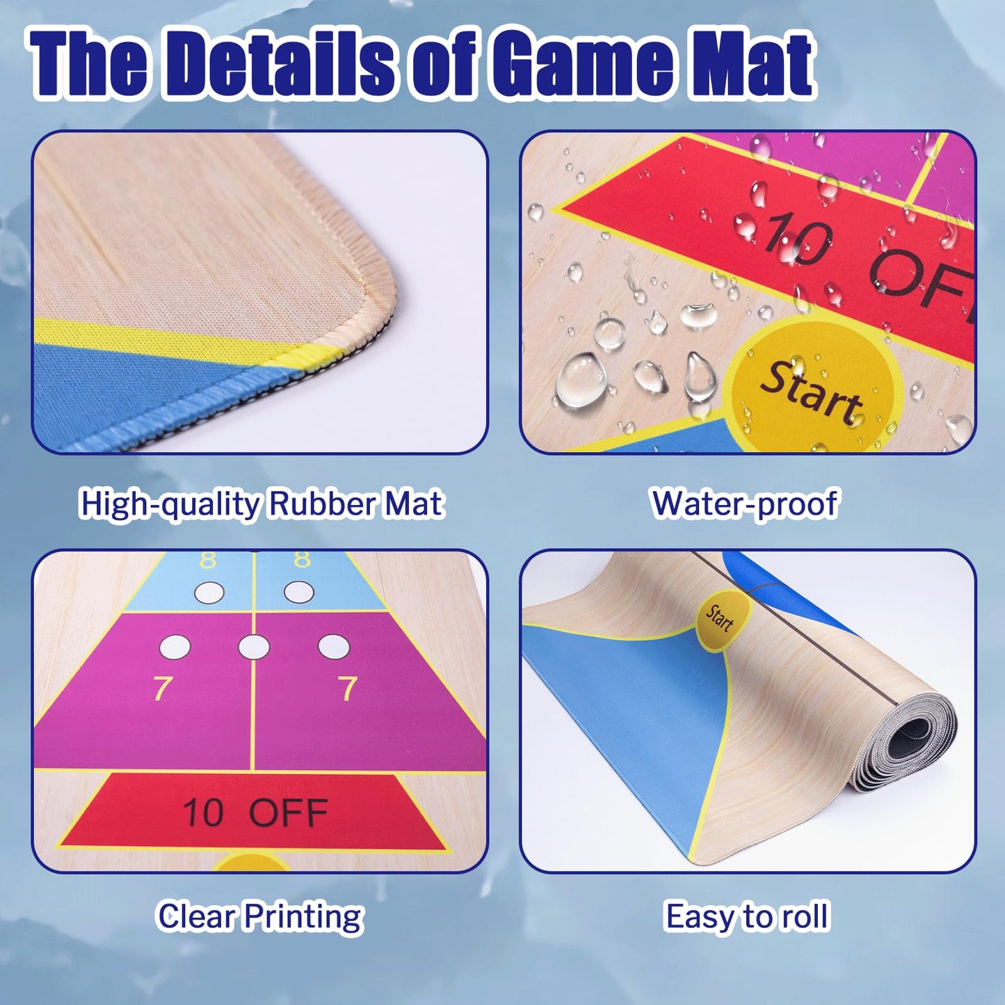 WodGod 11.8’L Shuffleboard, Curling and Bowling 3 in 1 Board Game Set,with 11.8 Foot Game Mat,2 Cues,8 Curling Rocks,6 Bowling Pins,Fun Family Game