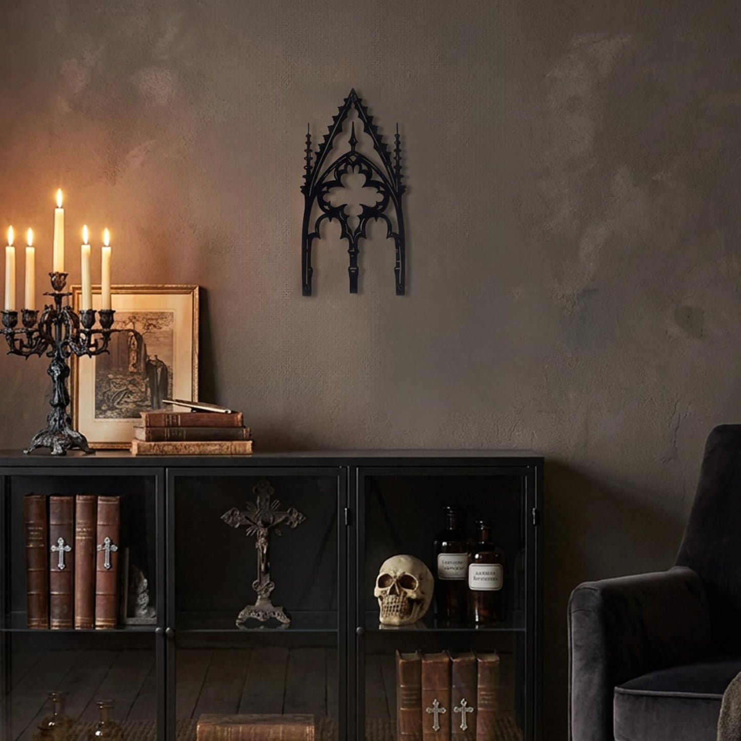 WOPARTY Gothic Cathedral Window Wall Art, Black Metal Decorative Panel, 11.8 x 5.91 Inches, Medieval Home Decor for Bedroom Living Room