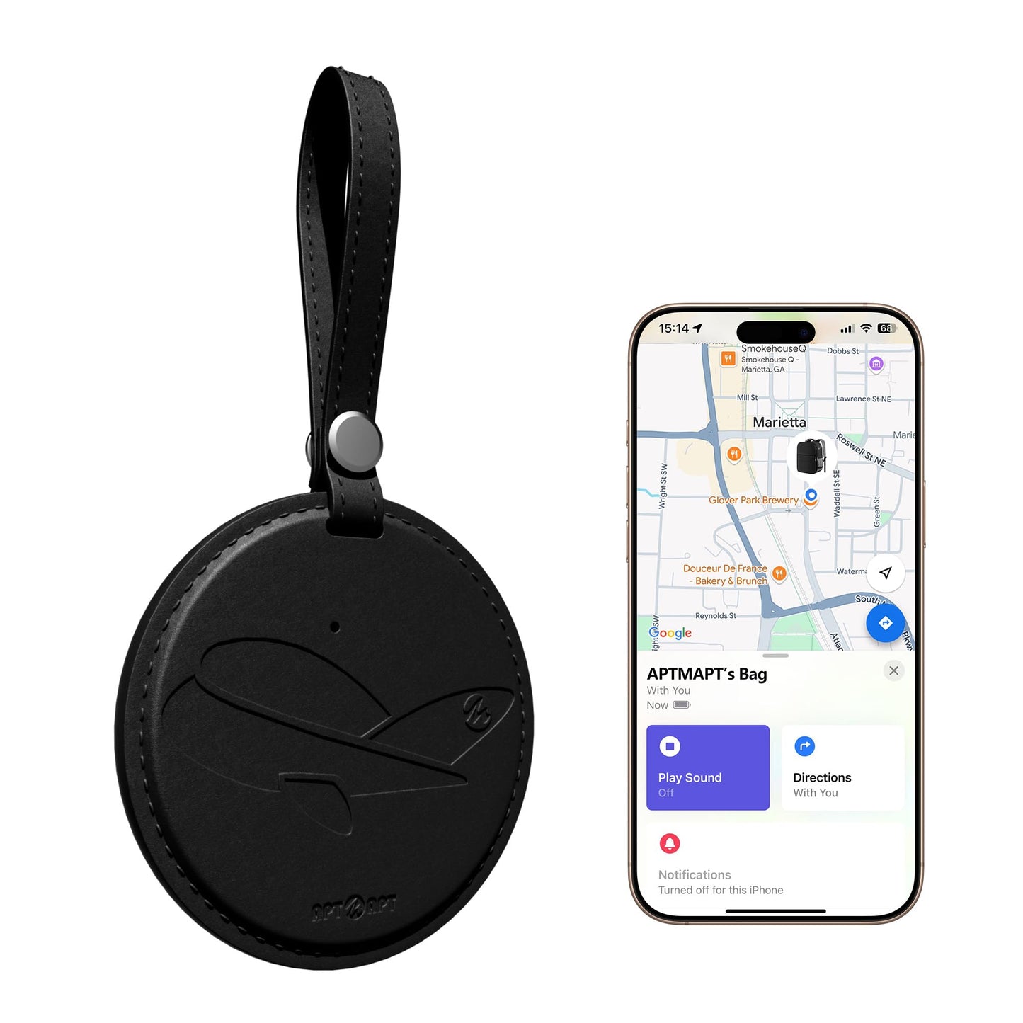 APTMAPT Smart Luggage Tag Works with Apple Find My, Premium Leather Suitcase Tracker with 2 ID Labels, TSA-Friendly, Anti-Lost Travel Essentials for Bags Backpacks, Wireless Charging, Black