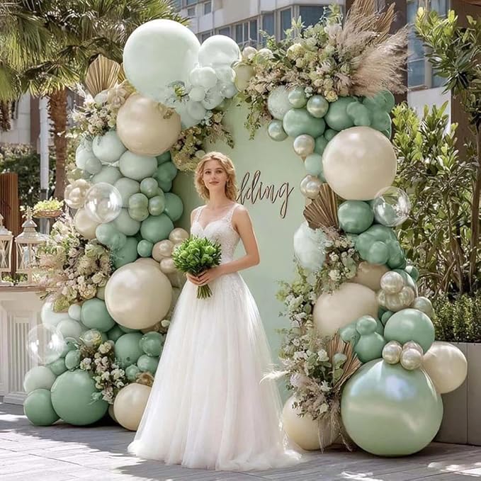 Dusty Green Balloon Arch Kit, Double Stuffed with Clear Bobo – Pearl Sage Green, Sand White, Beige & Transparent Balloons for Bridal, Baby Shower & Wedding