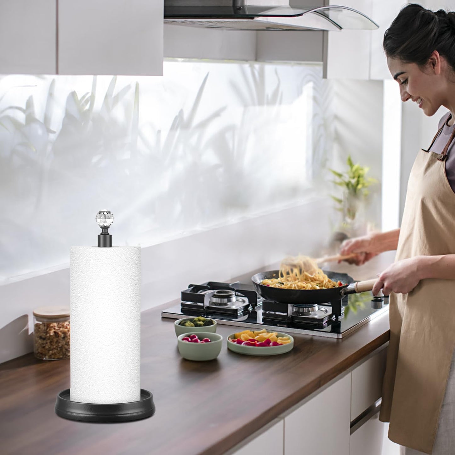 KASUNTO Crystal Head Paper Towel Holder - Steel Countertop Stand for Kitchen, Bars & Dining Tables - Fits Standard & Jumbo Rolls - Matte Black