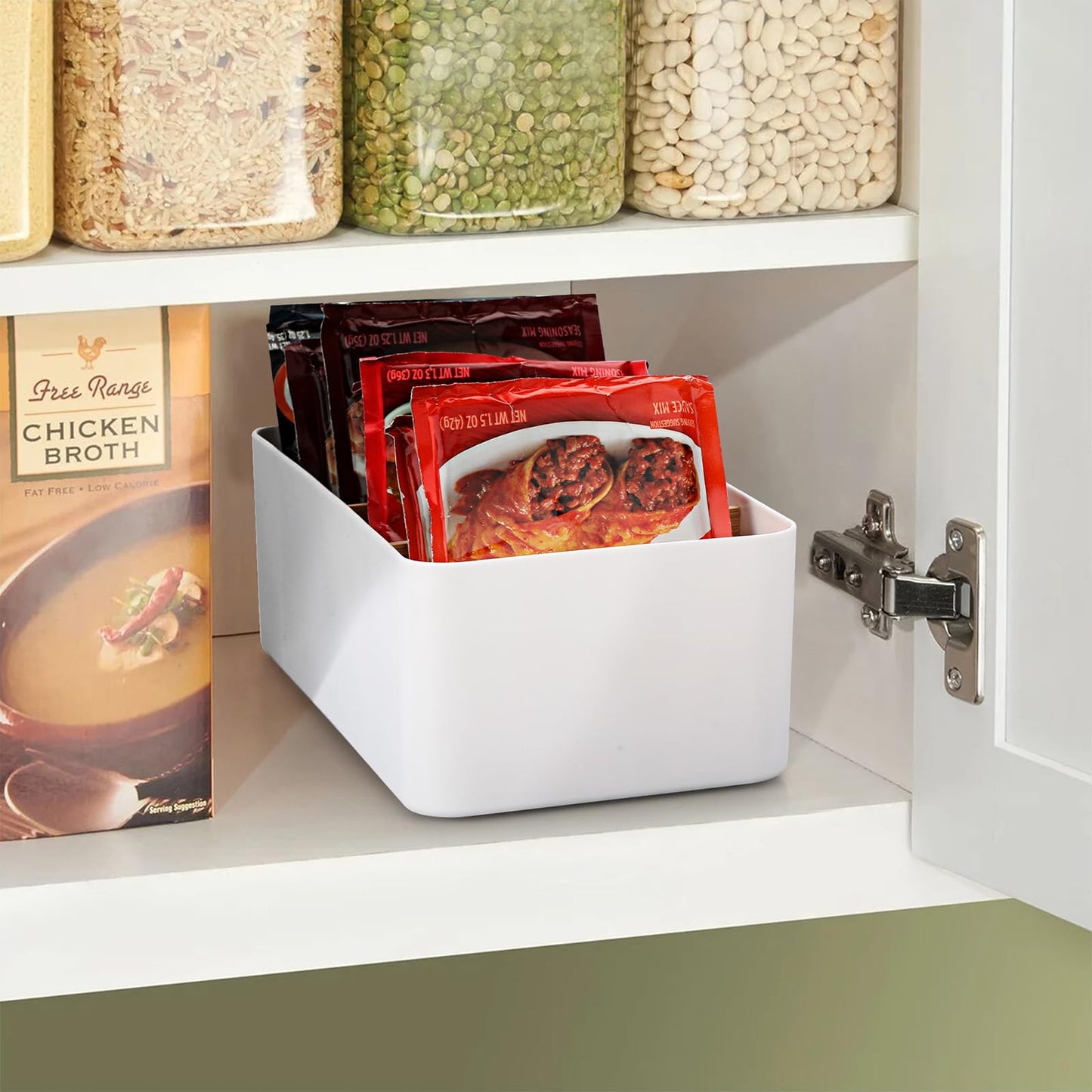 BSTKEY Seasoning Packet Organizer, Food Storage Organizer with Divided 4 Bamboo Wood Compartments, White Plastic Storage Caddy for Pantry Cabinet, Kitchen Organization Bin for Snacks Spice Packets