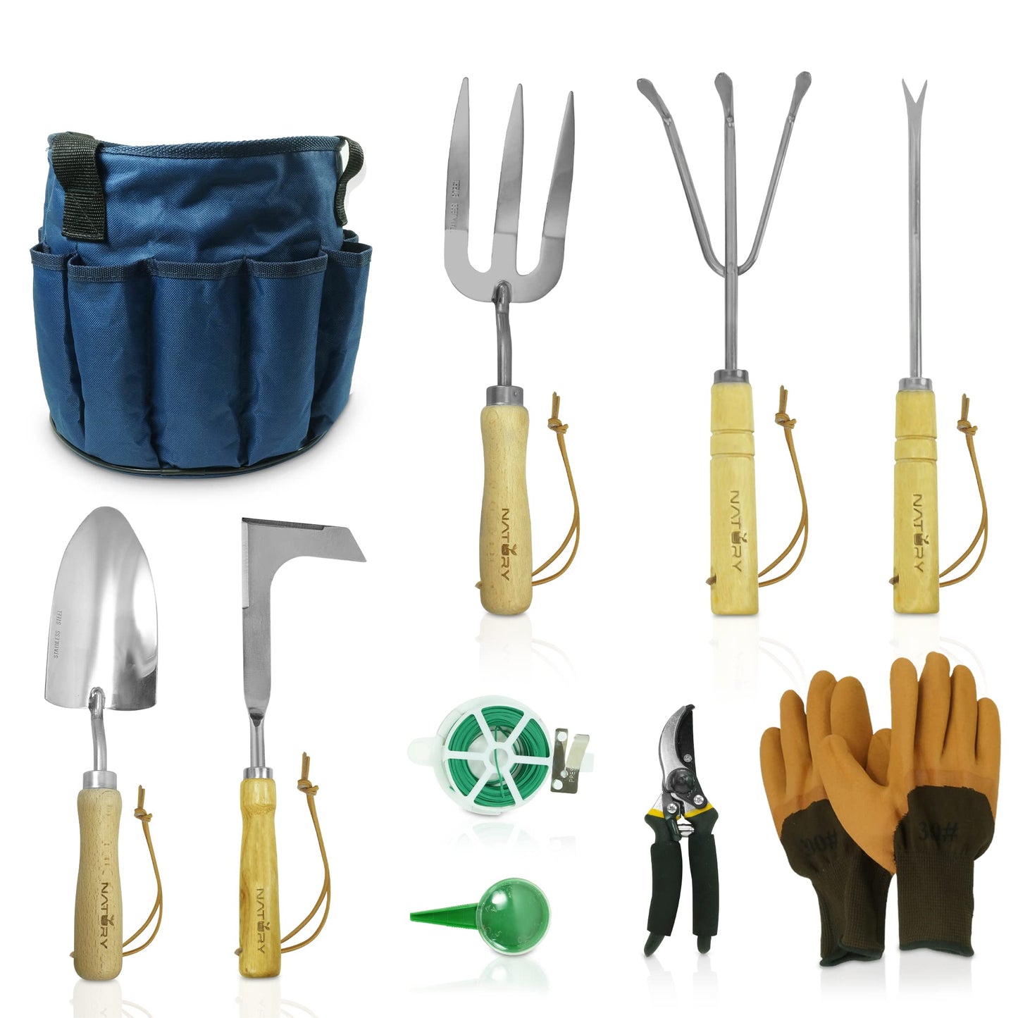 Natury Garden Tools Set – Premium Stainless Steel Gardening Hand Tools with Solid Beechwood Handle – Gardening Kit with Rake, Shovel, Gloves, Shears, Tool Organizer – Garden Gifts for Women and Men