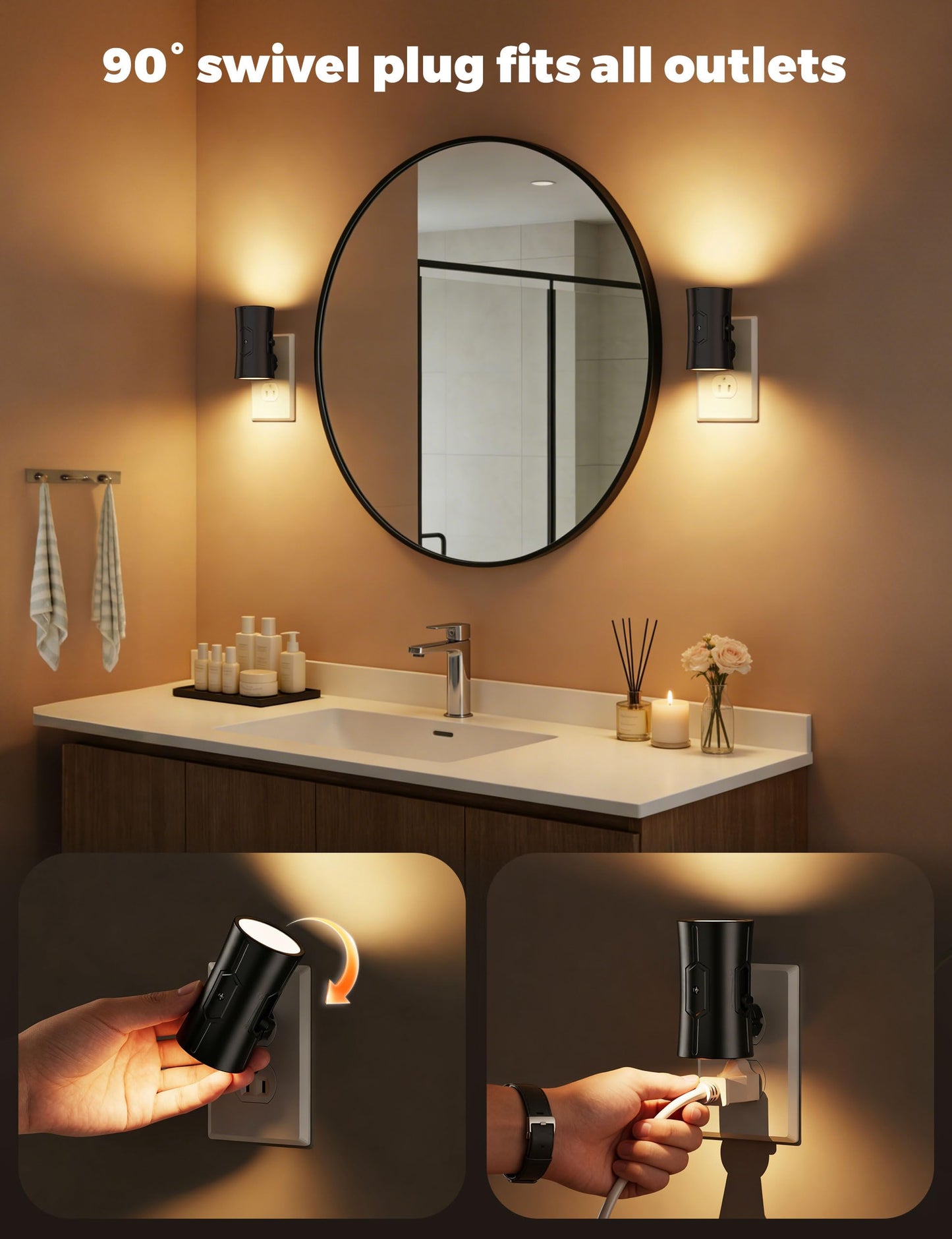 fesnne Night Light, 2-Pack Dimmable Plug-in Night Light with 90°Rotatable Plug, 0-100LM Adjustable Brightness, 3000K Warm White, 1W Ultra Low Energy for Bedroom, Hallway, Bathroom, Kids Room