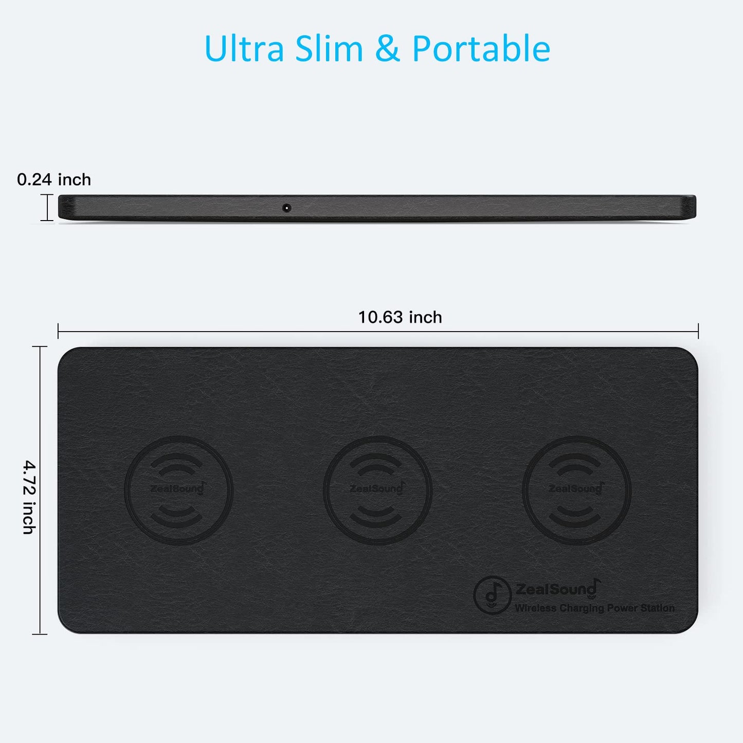 ZealSound Wireless Charging Pad, 3 in 1 Charger Mat for iPhone, Samsung Galaxy, Pixel, AirPods & Galaxy Buds, 24W Adapter Included, Ultra Slim, Case Friendly, PU Leather, for Home Office & Travel