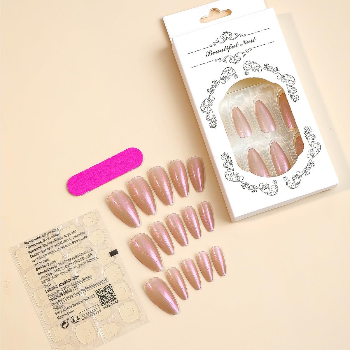 FANTACIEL Almond Press On Nails 24PCS, Chrome Solid Color False Nails Glossy Full Cover Glue On Nails, Elegant Reusable Fake Nails for Women Salon & Daily Wear