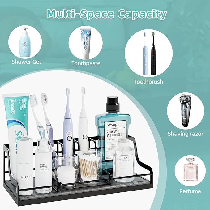 Toothbrush Holders, Bathroom Organizers and Storage with with Instant Drying Stone, 6 Slots Bathroom Accessories with Adjustable Toothpaste Holders, Bathroom Counter Organizer, Black