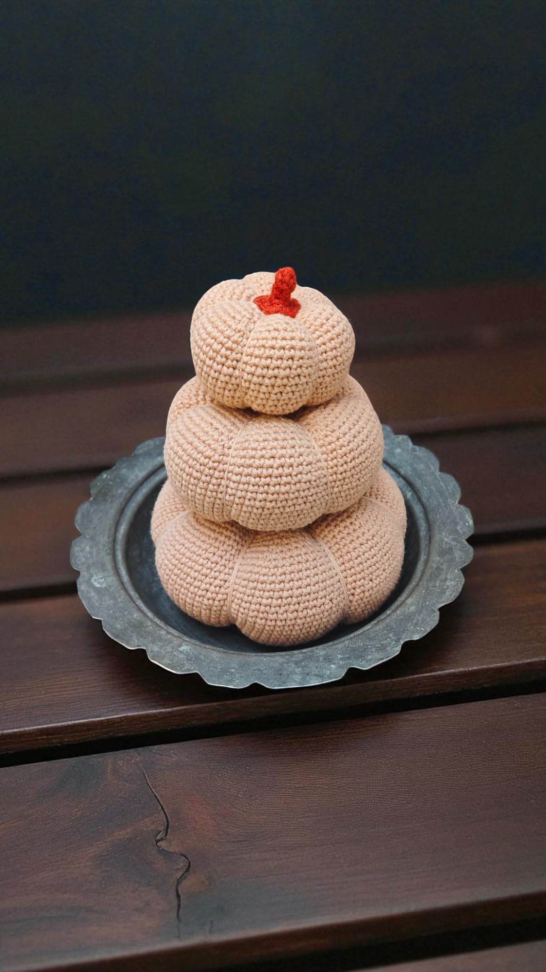 Halloween Decorative Crochet Handmade Pumpkins Set of 3 Tabletop or Shelf Decor, Spooky Fall Table Accent Ivory Tiered Fall Decoration