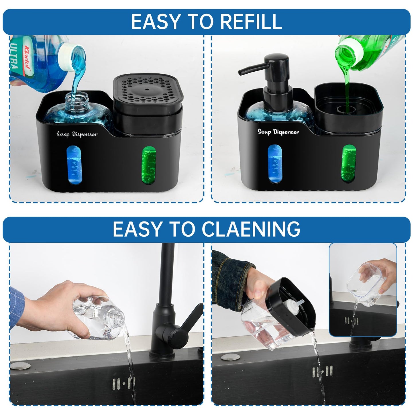 Hand Soap and Dish Soap Dispenser Set for Kitchen, Dual Soap Dispenser with Sponge Holder and Dishcloth Holder 4-in-1 Organizer for Kitchen Sink Countertop, Useful Kitchen Gadgets (Black)
