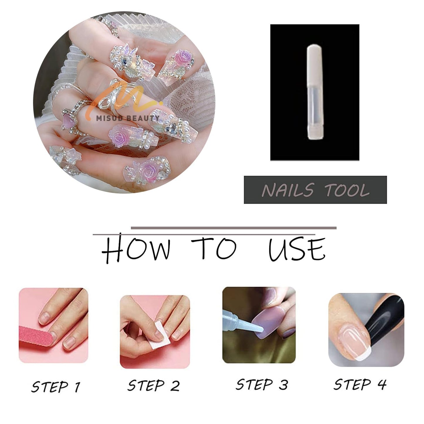 MISUD Press on Nails - Long Coffin Fake Nails with Pink Flower, Acrylic Handmade Pearl Rhinestone Design 24 pcs
