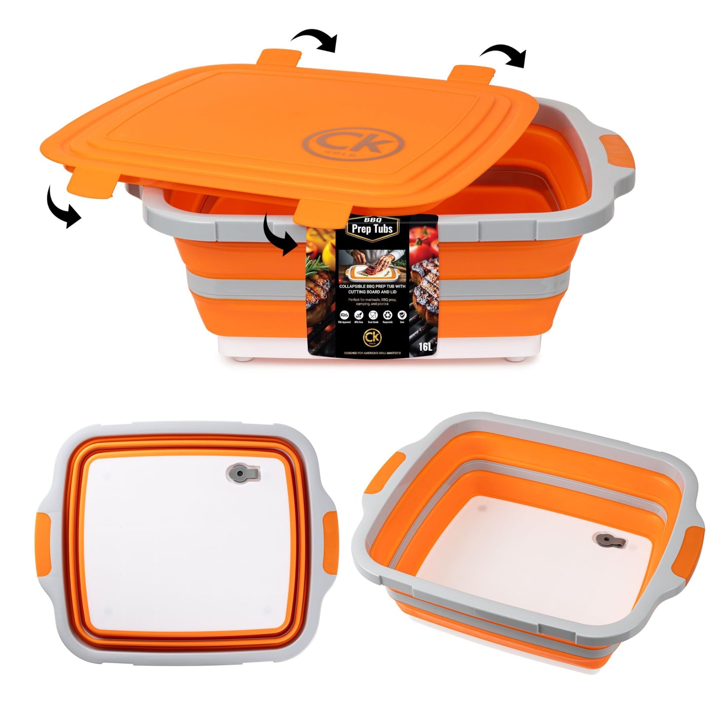 CK GOLD Collapsible BBQ Prep Tub XL with Locking Lid & Drain Hole | Meat Marinating Container with Cutting Board | BPA-Free Food-Grade Prep Tubs for Grilling, Camping & Outdoor Cooking (Orange, 16 L)