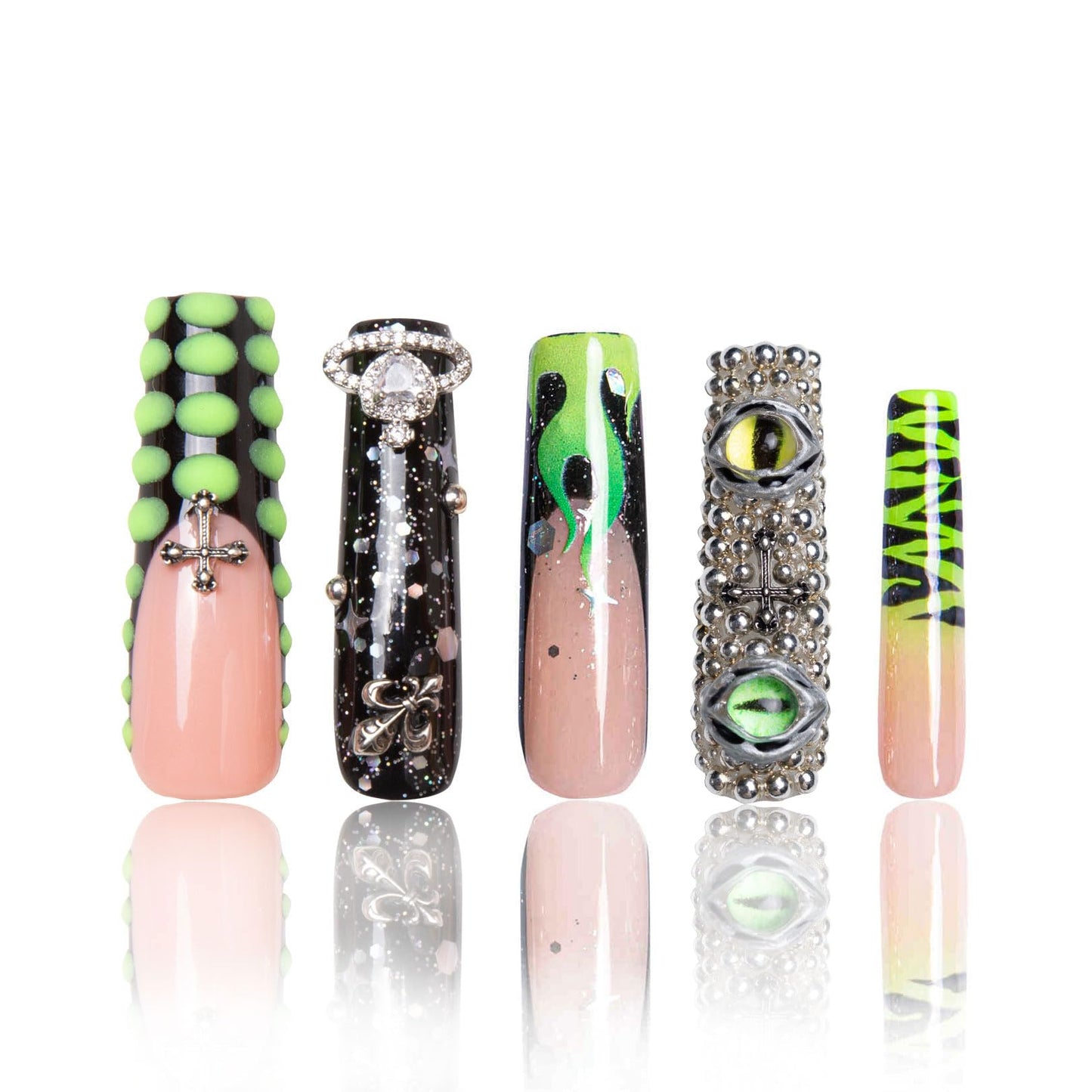 LOVFUL Press on Nails Dare to Roar French Tip | Handmade with Full Covered Crystals | Reusable Full Cover Nails | Square Mid length 1.7 in | H153-L