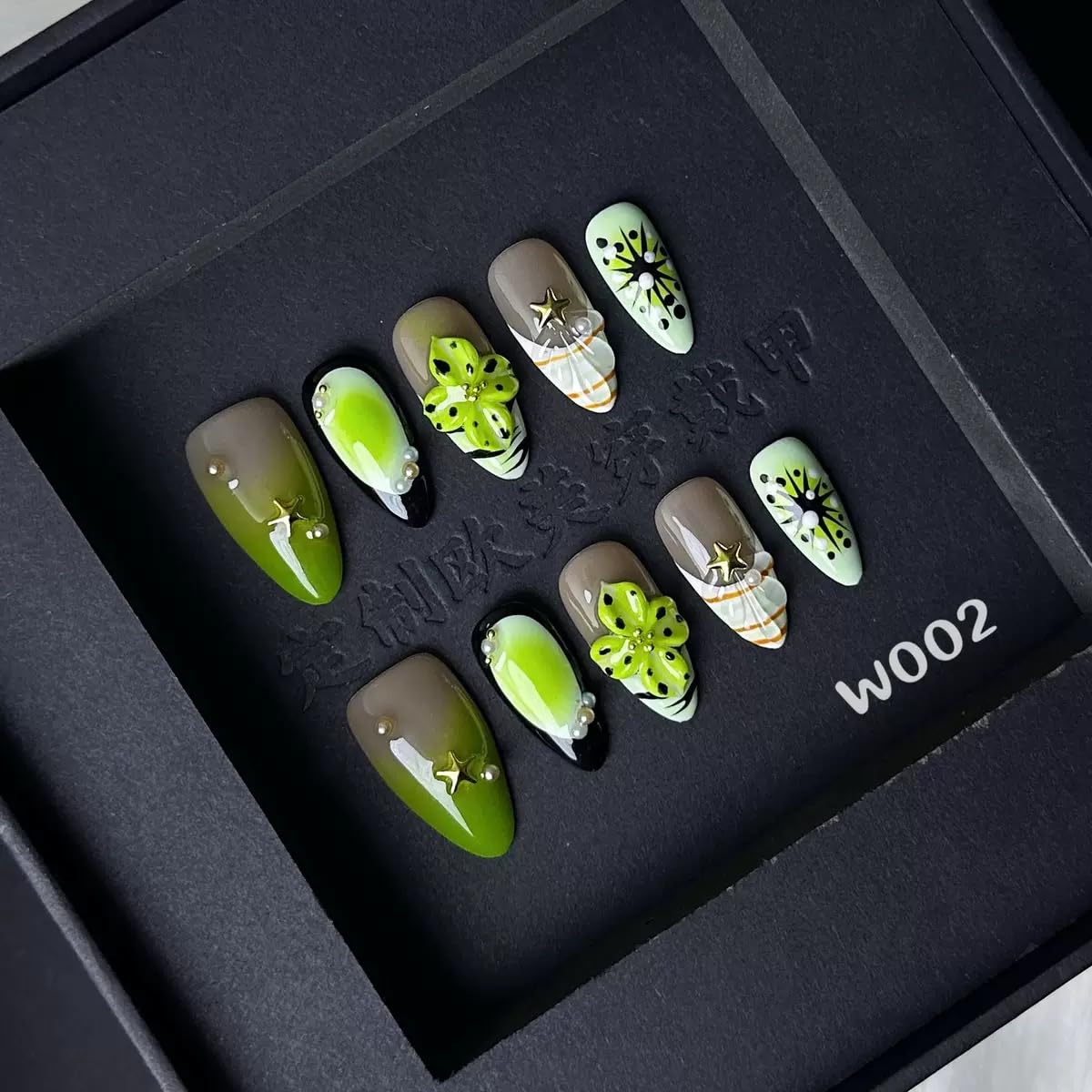 100% 5D Handmade Press on Nails Medium Almond Nails Press ons- Ocean Seashell False Nails Ombre Green Press on Nails Summer Fake Nails for Women Girls Daily Wear DIY Manicure Size L
