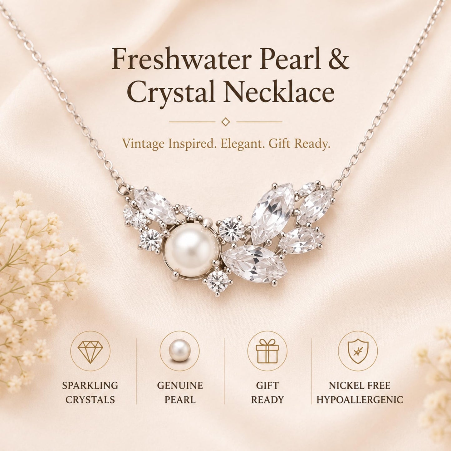 Bridal Pearl Diamond Necklace for Wedding Silver White Freshwater Pearl Crystal Cluster Leaf Vintage Necklace set for Bride Bridesmaids Bridal Party