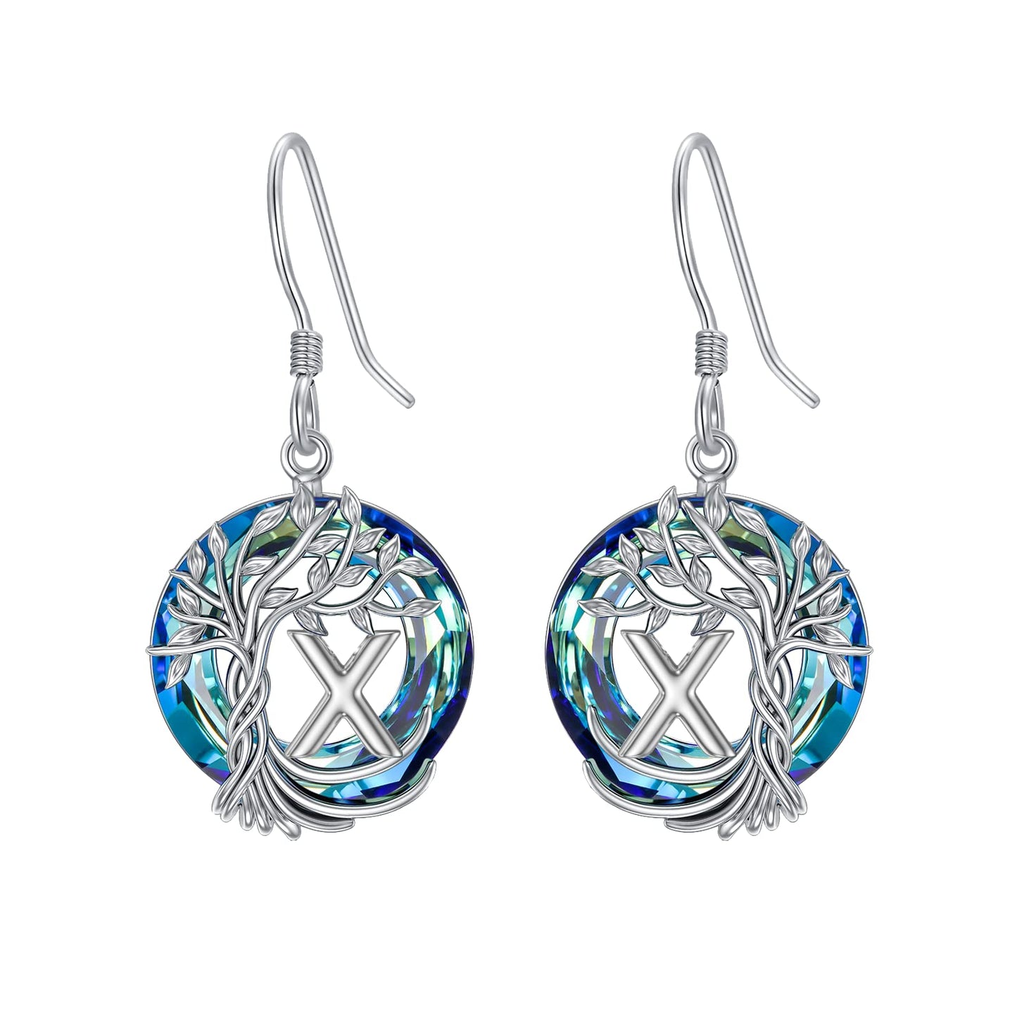 TOUPOP Tree of Life Initial Earrings Sterling Silver Initial X Letter Drop Dangle Earrings Blue Circle Crystal Family Tree Jewelry Birthday Mothers Day Gifts for Women Mom Her